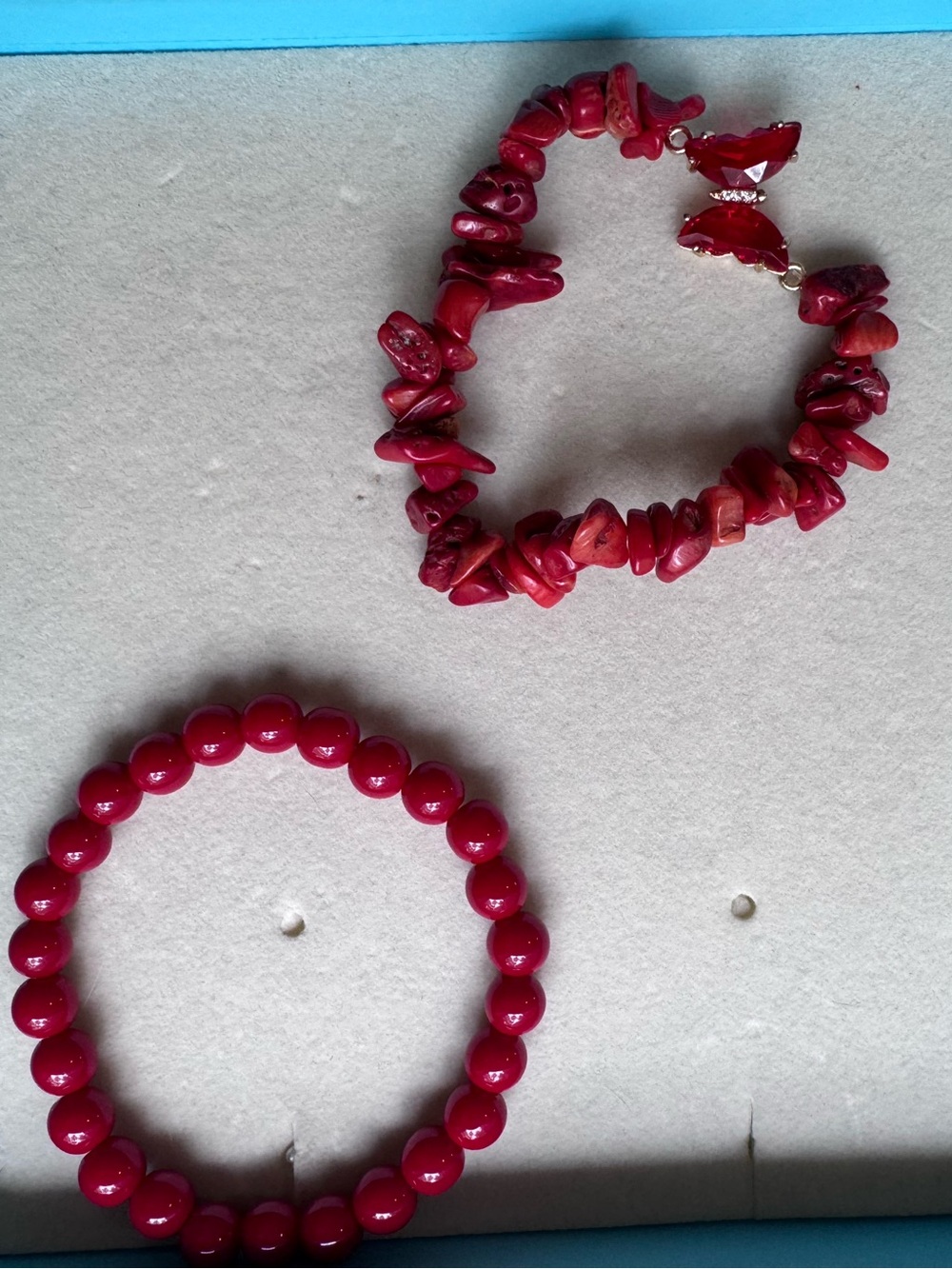 Vibrant Red Coral Bracelet Set - Round Bead & Raw Gemstone Chip Styles